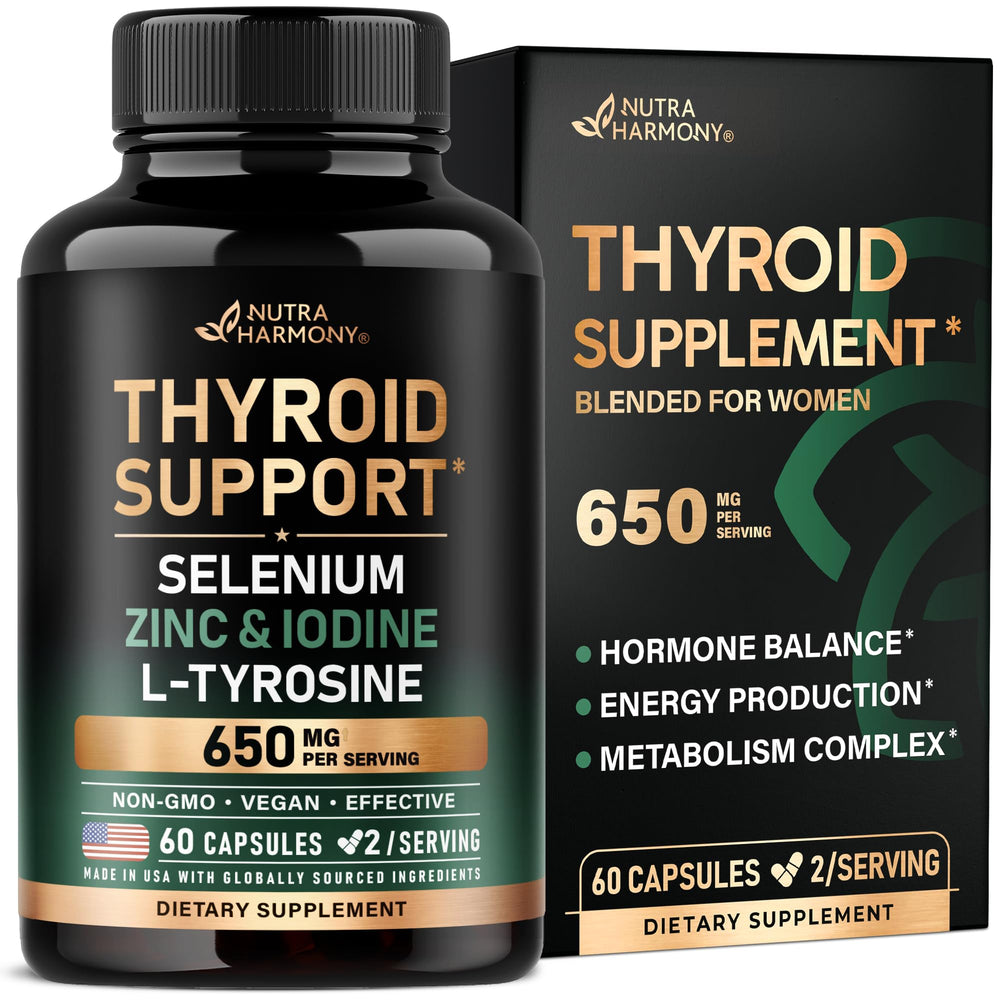 NutraHarmony Thyroid Support bottle with capsules on display for daily wellness.
