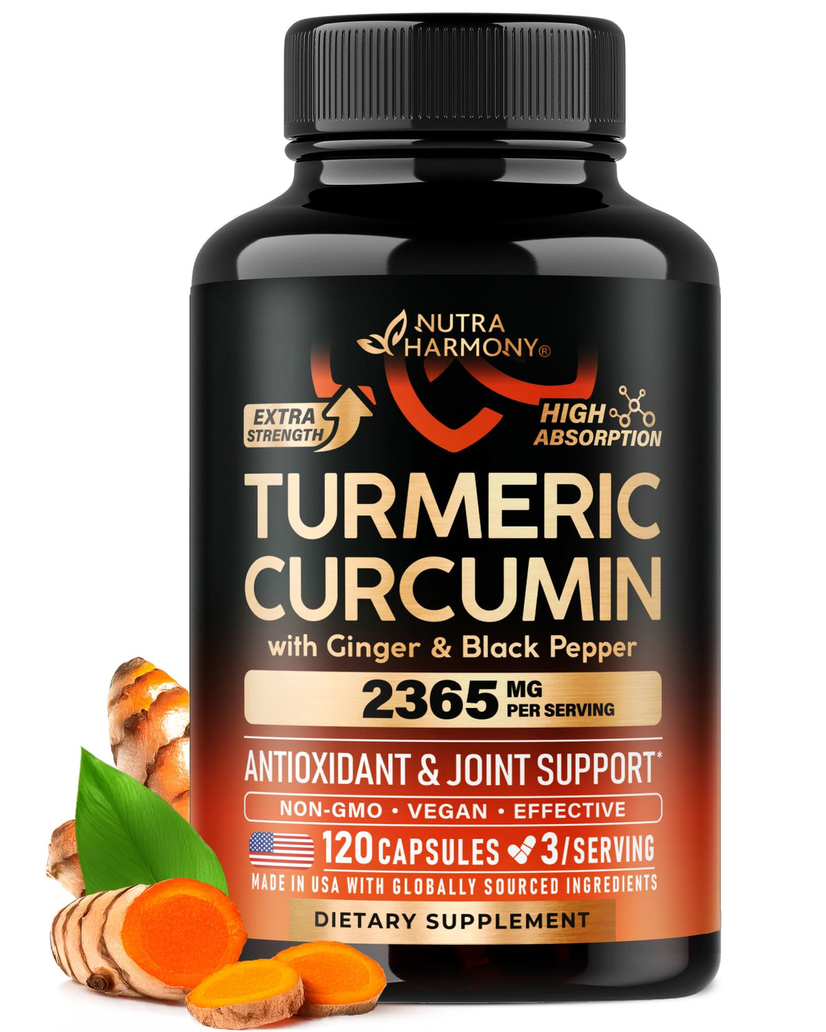 NUTRAHARMONY Turmeric Curcumin 2365mg capsules in a bottle for joint comfort and antioxidant support.