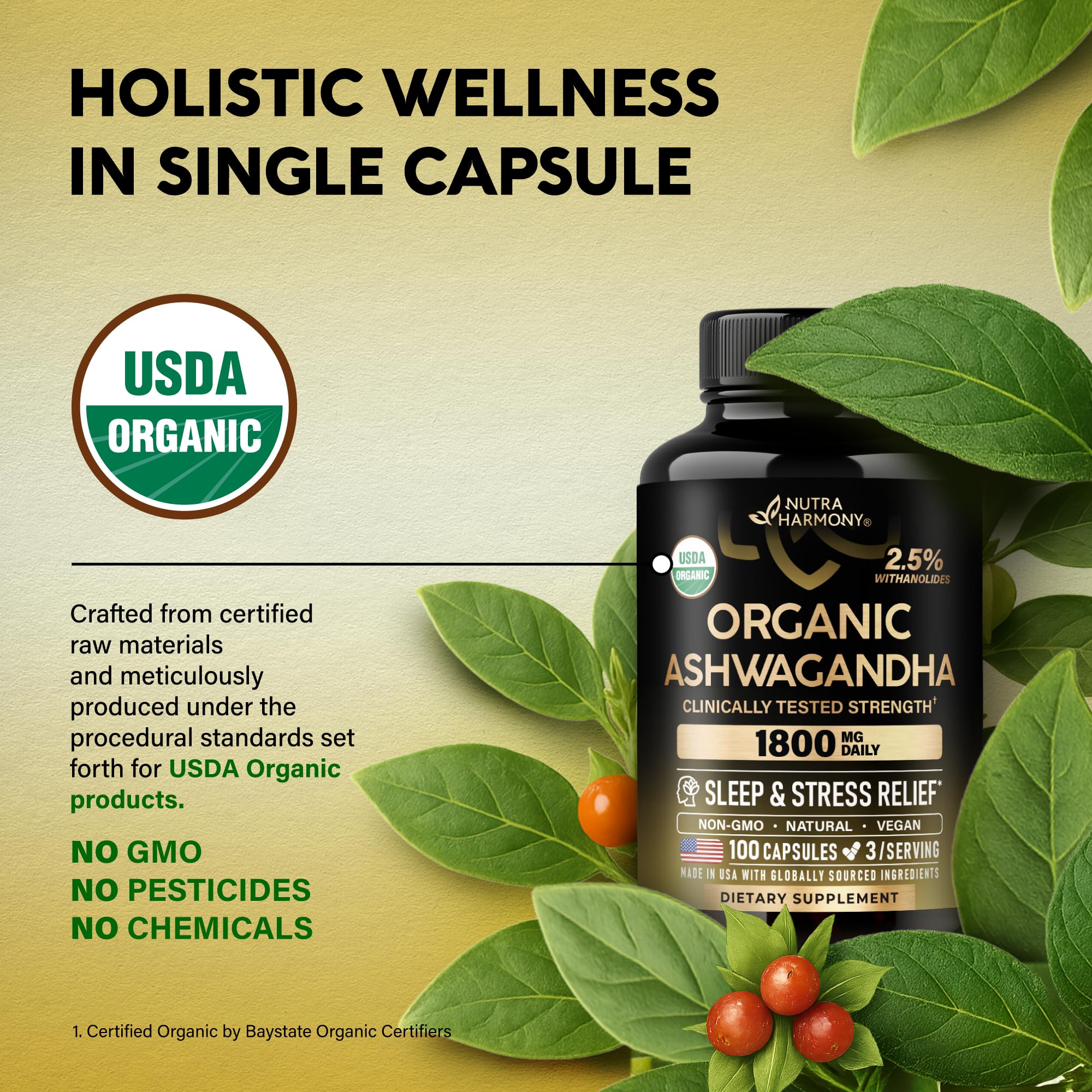 NutraHarmony USDA Organic Ashwagandha jar signaling purity and quality.