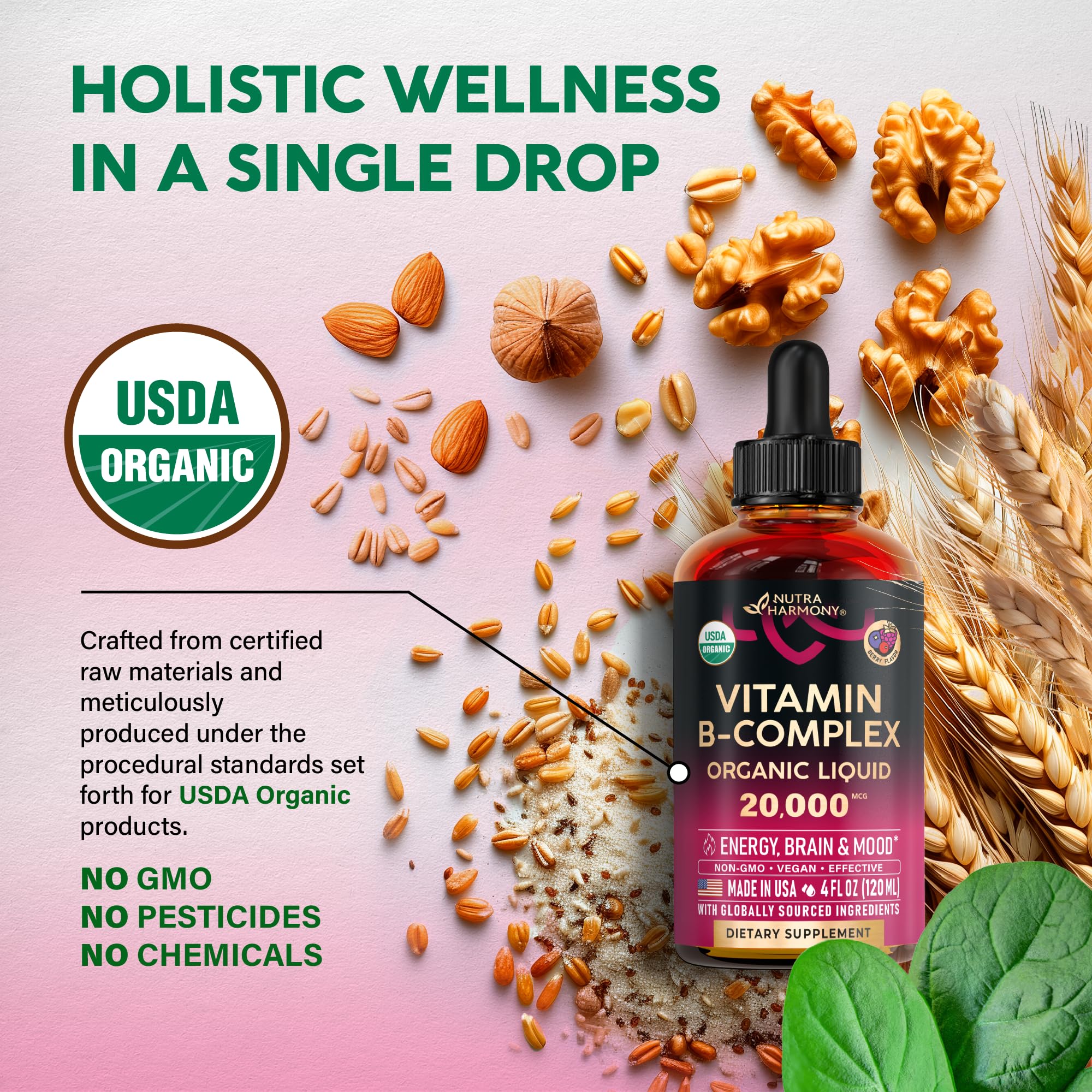 NutraHarmony B-Complex Drops packaging front view shows clean, vegan formula.