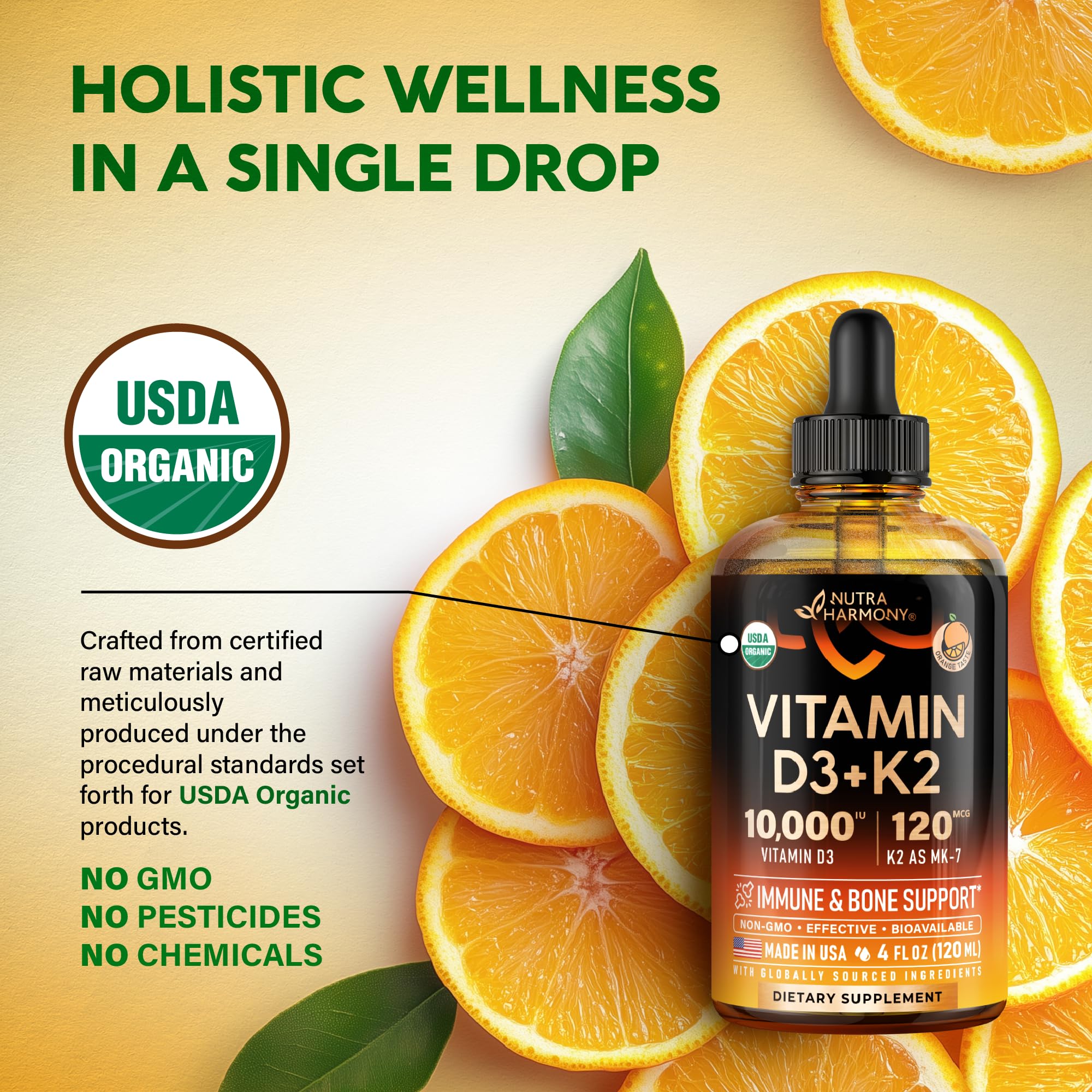 NutraHarmony USDA Organic label highlights trusted clean sourcing and processing.