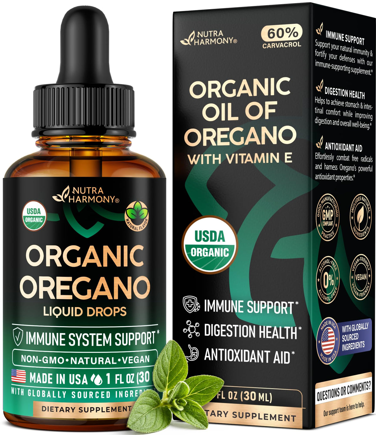 NUTRAHARMONY USDA Organic Oil of Oregano Drops bottle highlighting immune support potential.