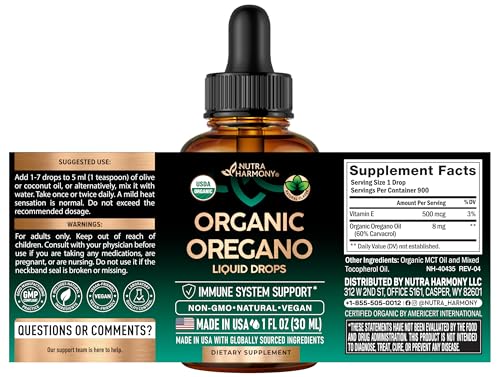 NUTRAHARMONY oregano oil drops label shows organic certification and quality assurance.
