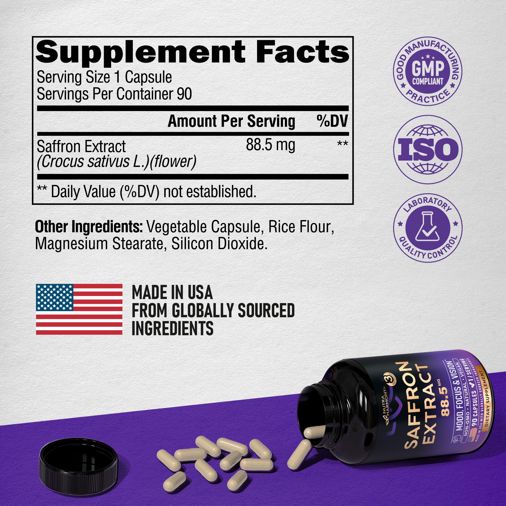 NUTRAHARMONY USA-made saffron supplement with a three-month supply.