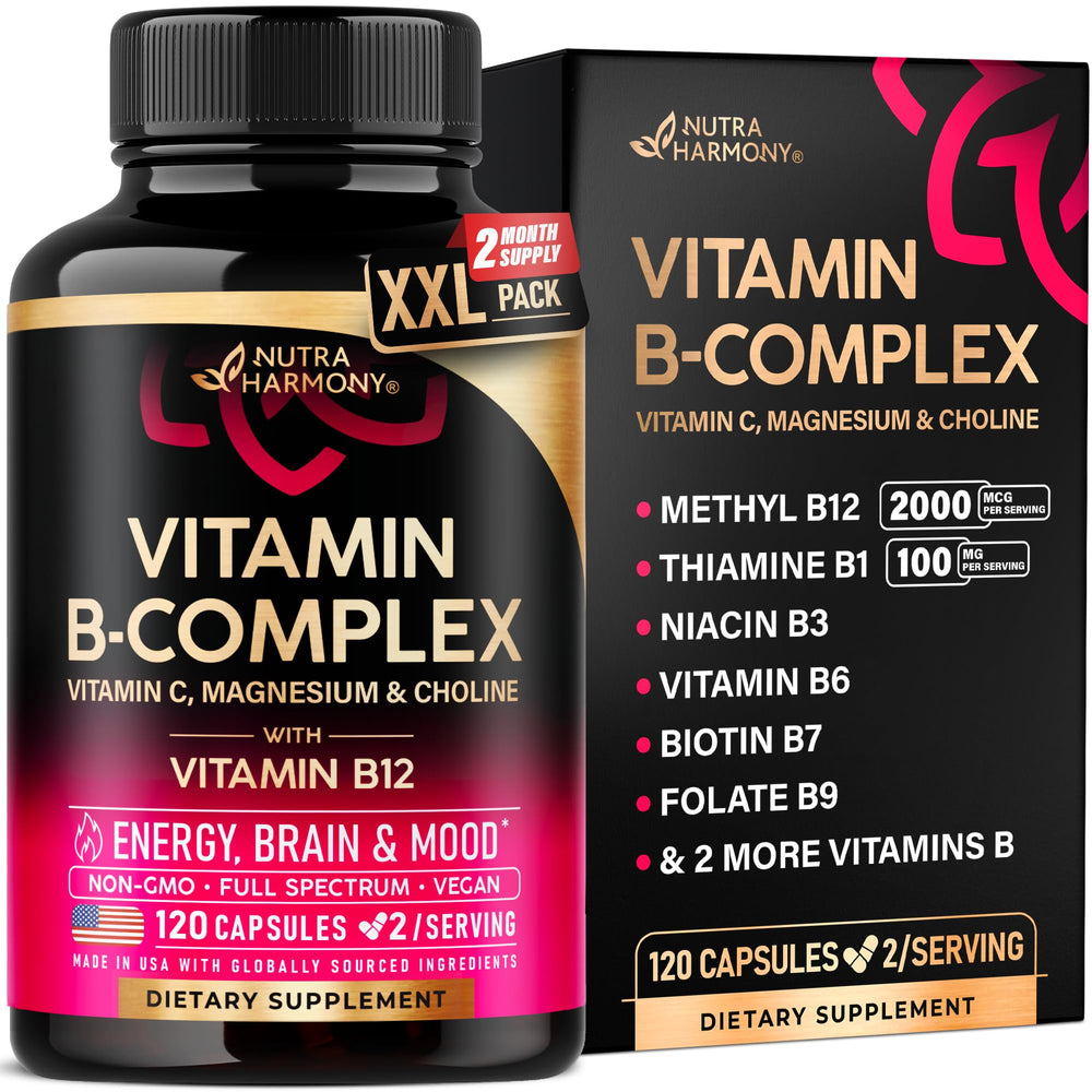NutraHarmony Vitamin B Complex bottle label highlights full-spectrum B vitamins