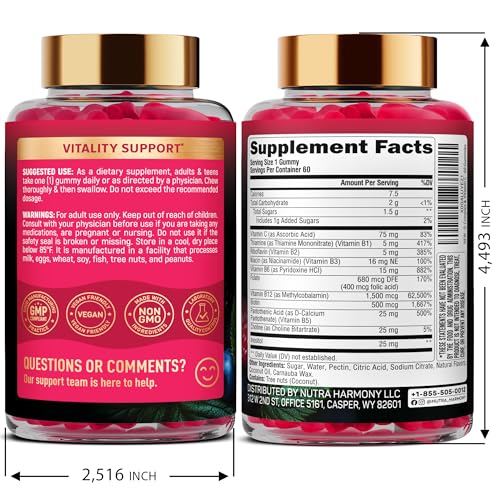 Close-up of Nutraharmony B-Complex Gummies label highlighting vegan and non-GMO notes.