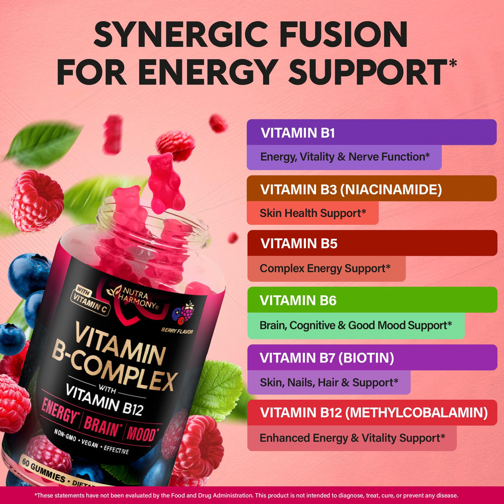 Two-pack Nutraharmony B-Complex Gummies on a clean surface.