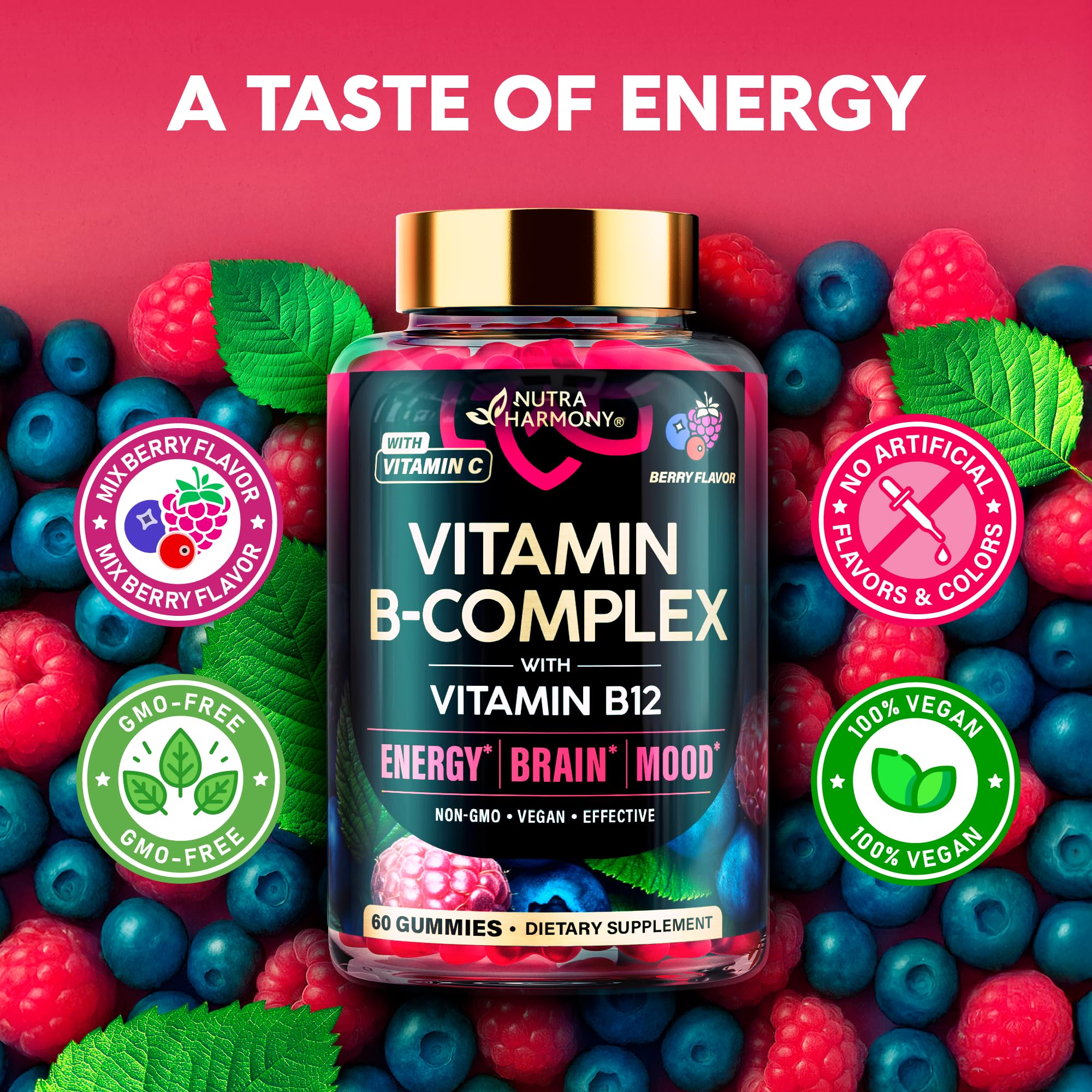 Vegan and gluten-free icons on Nutraharmony B-Complex packaging.