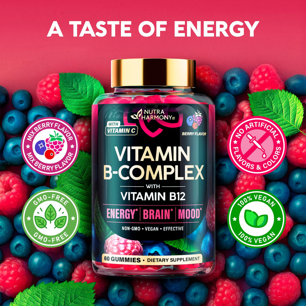Vegan and gluten-free icons on Nutraharmony B-Complex packaging.