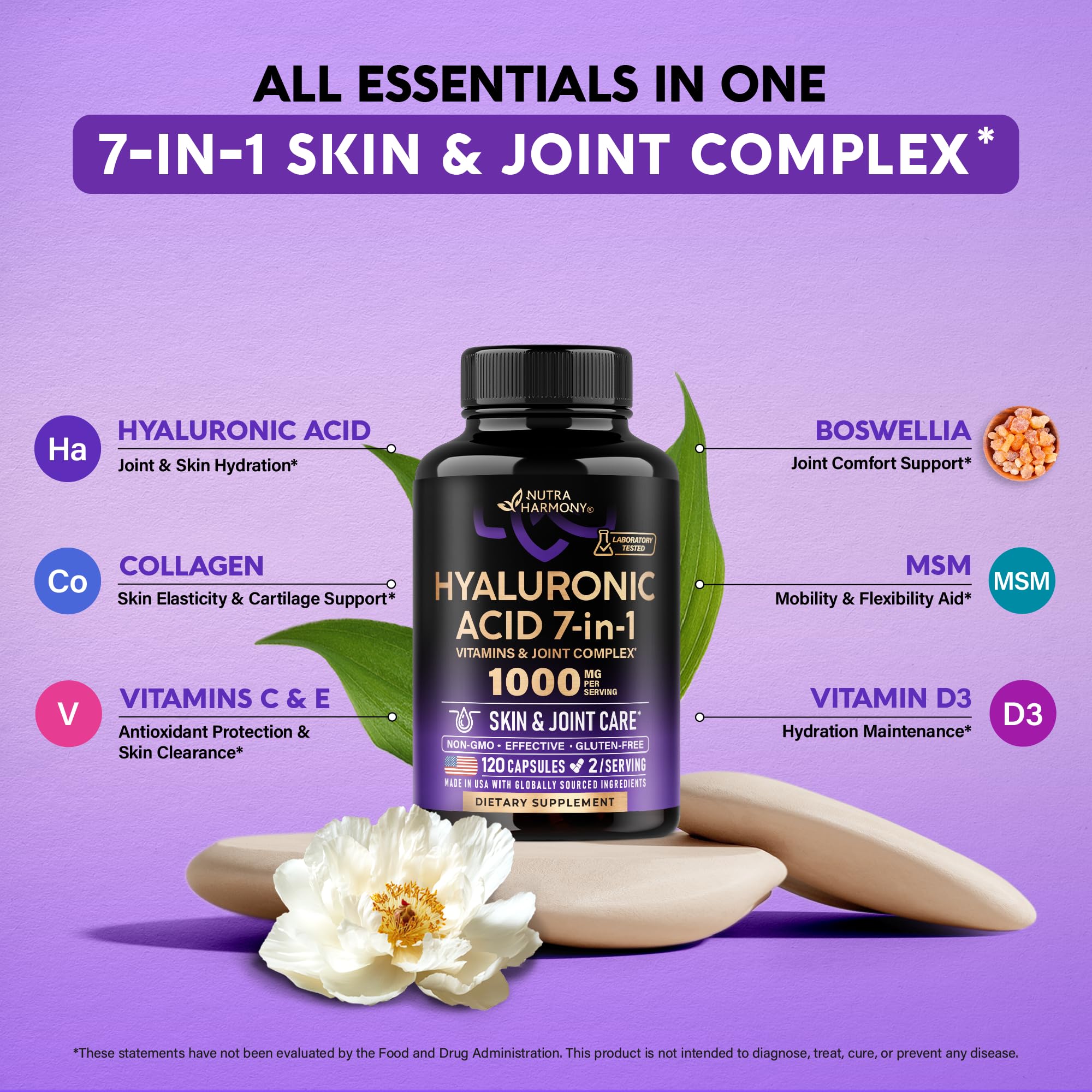 Vitamin C, D3, E panel on NUTRAHARMONY bottle highlighting antioxidant support.