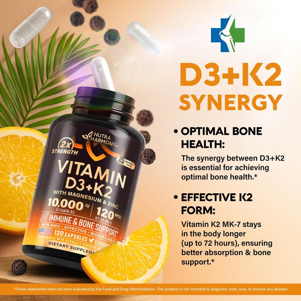 NUTRAHARMONY Vitamin D3 K2 bottle pour demonstrates simple daily dosing.