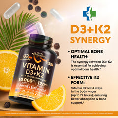NUTRAHARMONY Vitamin D3 K2 bottle pour demonstrates simple daily dosing.