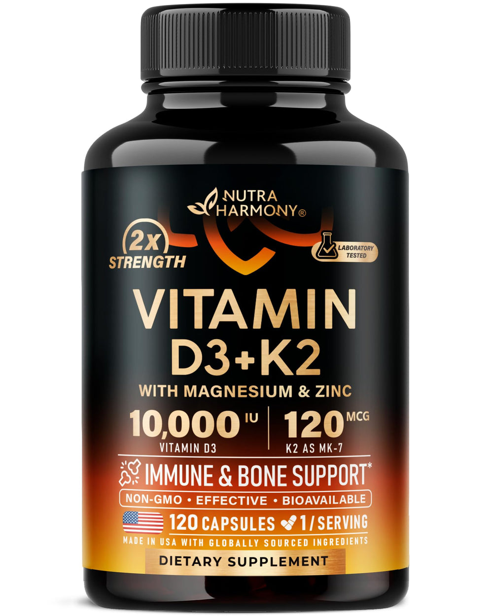 NUTRAHARMONY Vitamin D3 K2 bottle showing 10,000 IU potency for bone support.