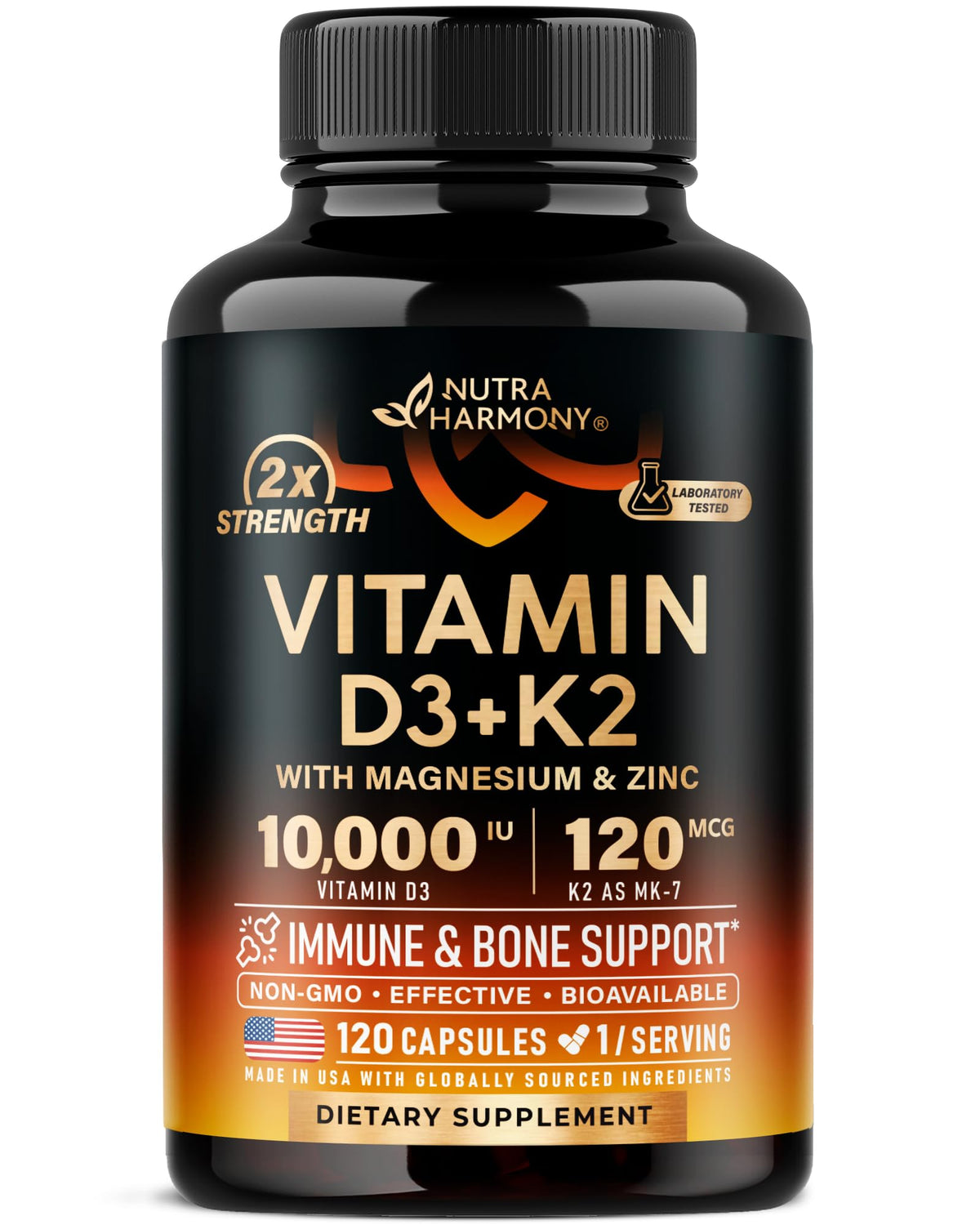 NUTRAHARMONY Vitamin D3 K2 bottle showing 10,000 IU potency for bone support.
