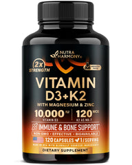 NUTRAHARMONY Vitamin D3 K2 bottle showing 10,000 IU potency for bone support.