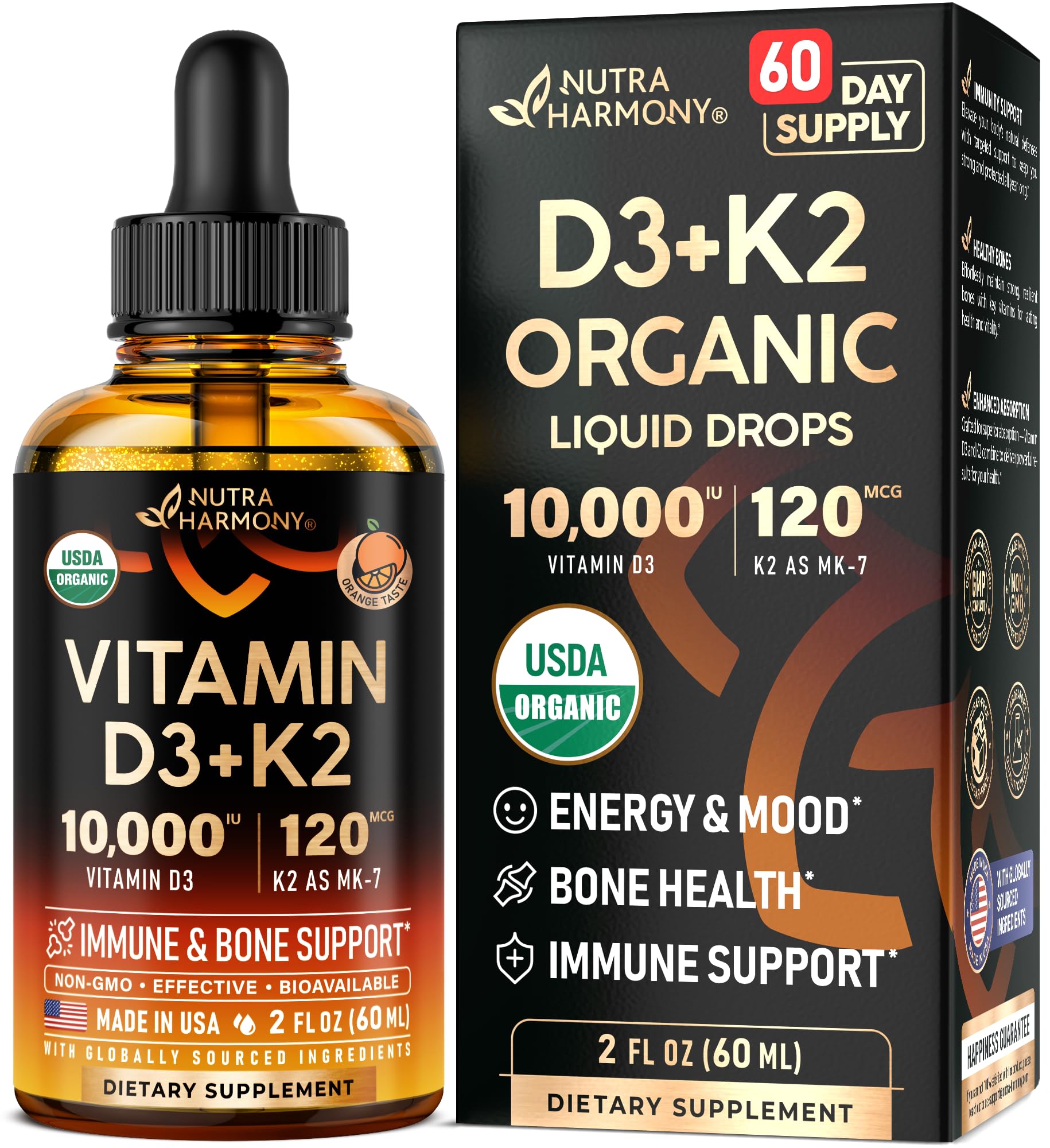 NutraHarmony Vitamin D3 K2 drops bottle ready for daily bone support.