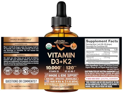 NutraHarmony D3 K2 drops label shows USDA Organic quality.