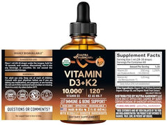 NutraHarmony D3 K2 drops label shows USDA Organic quality.