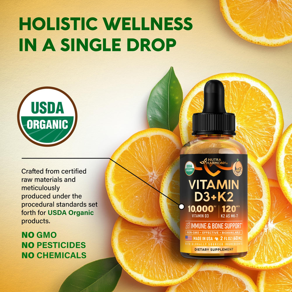 NutraHarmony orange-flavor drops bottle for sugar-free daily routine.