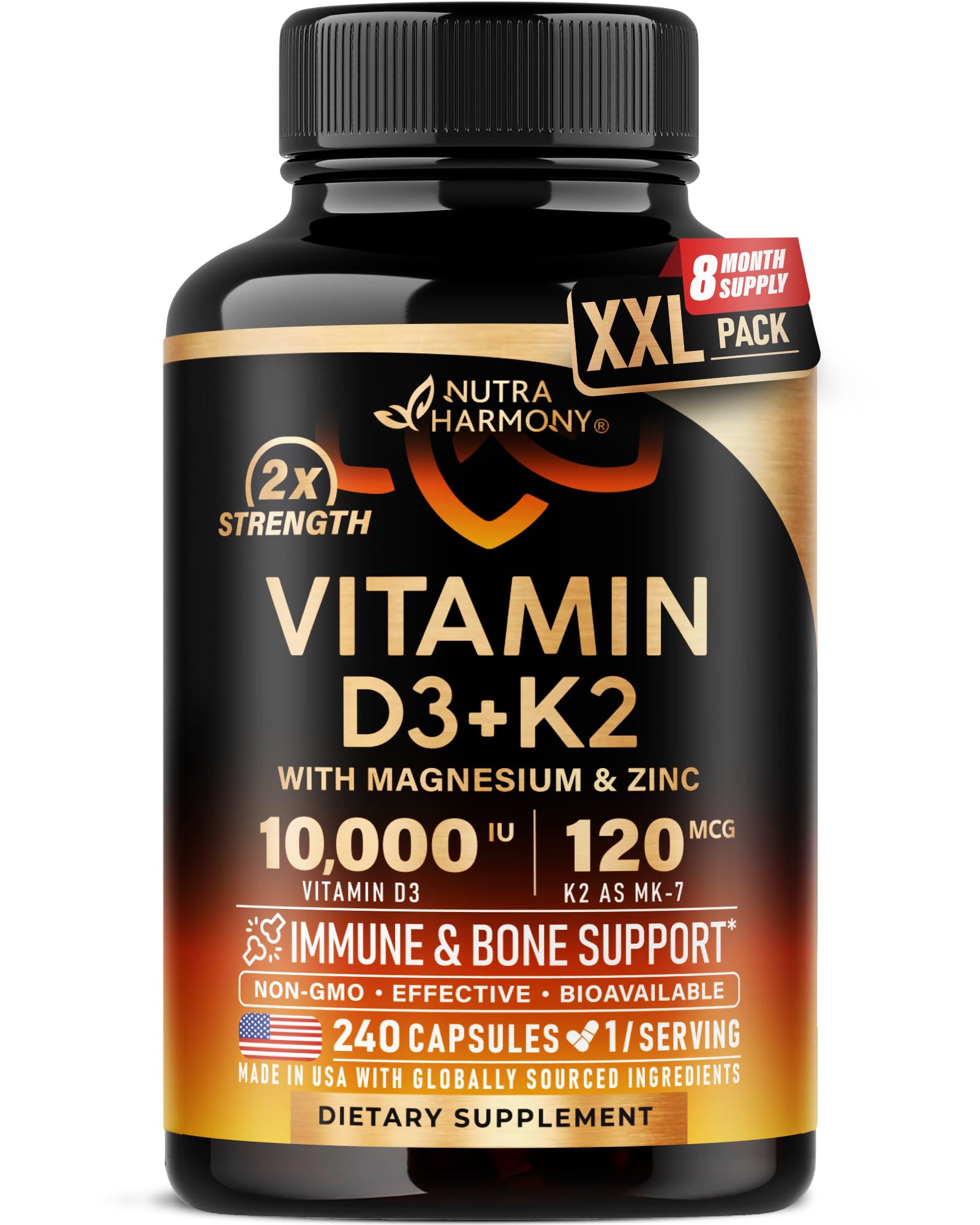 NUTRAHARMONY Vitamin D3K2 bottle ready for daily bone and immune support.