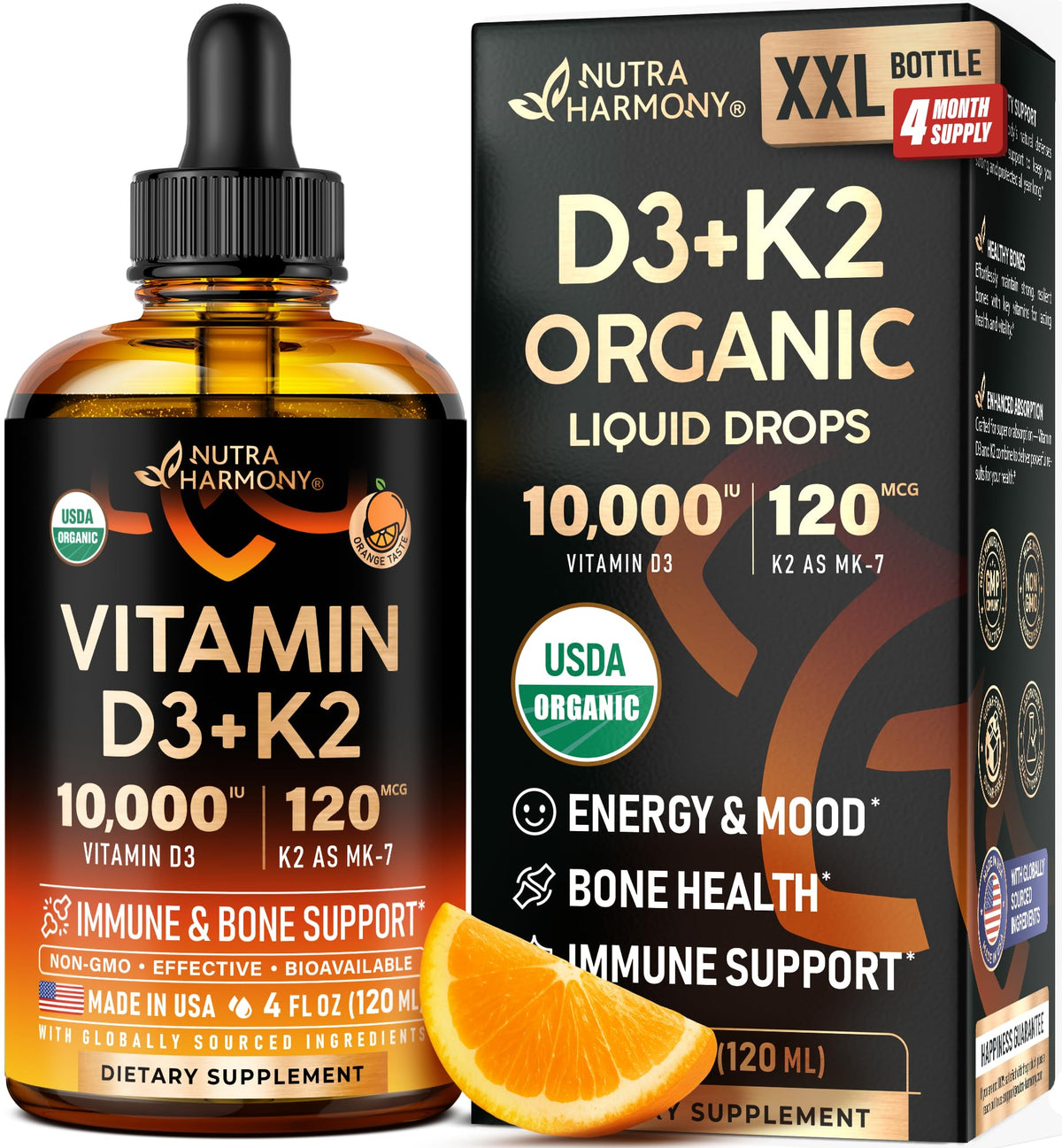 NutraHarmony Vitamin D3K2 drops bottle demonstrates premium organic formula for bone and immune support.