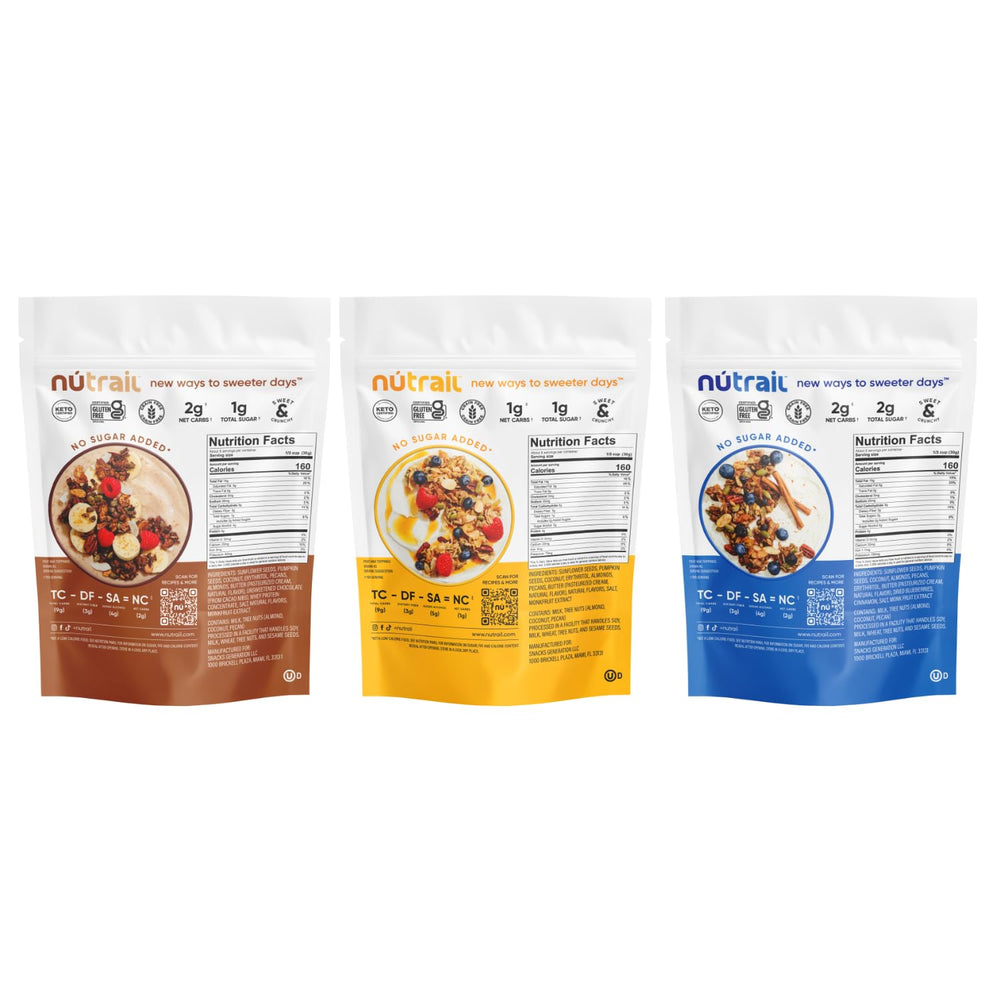 NuTrail granola in a bowl with milk for a low-carb breakfast.