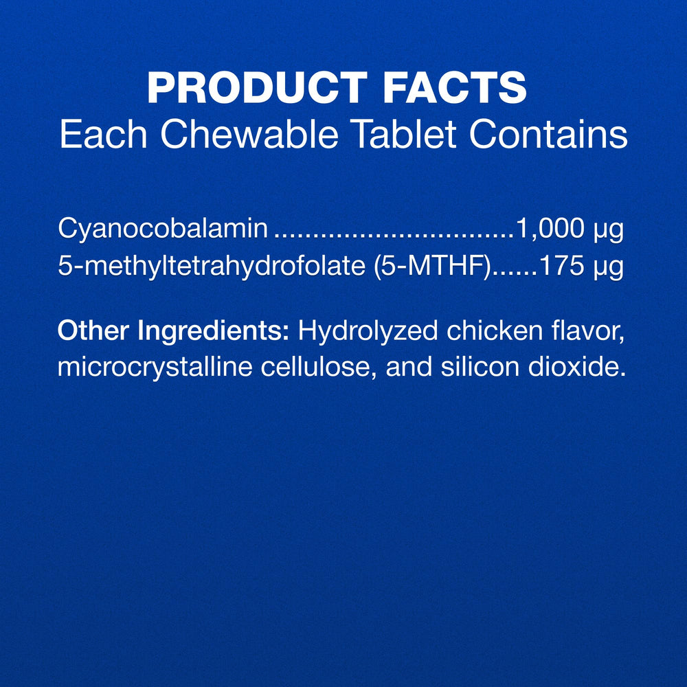 Bottle and tablets on countertop with dog bowl, convenient B12 support.