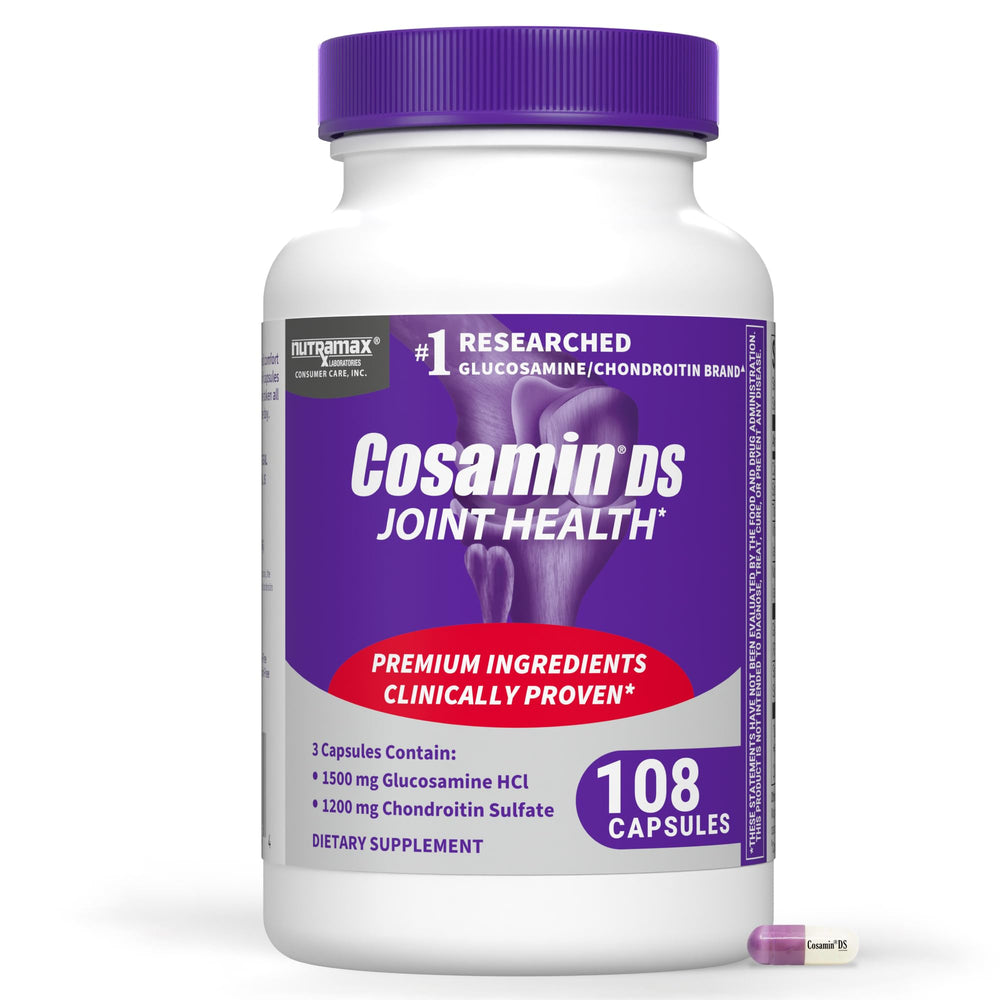 Nutramax Cosamin DS bottle closeup shows capsules for joint support possibilities.