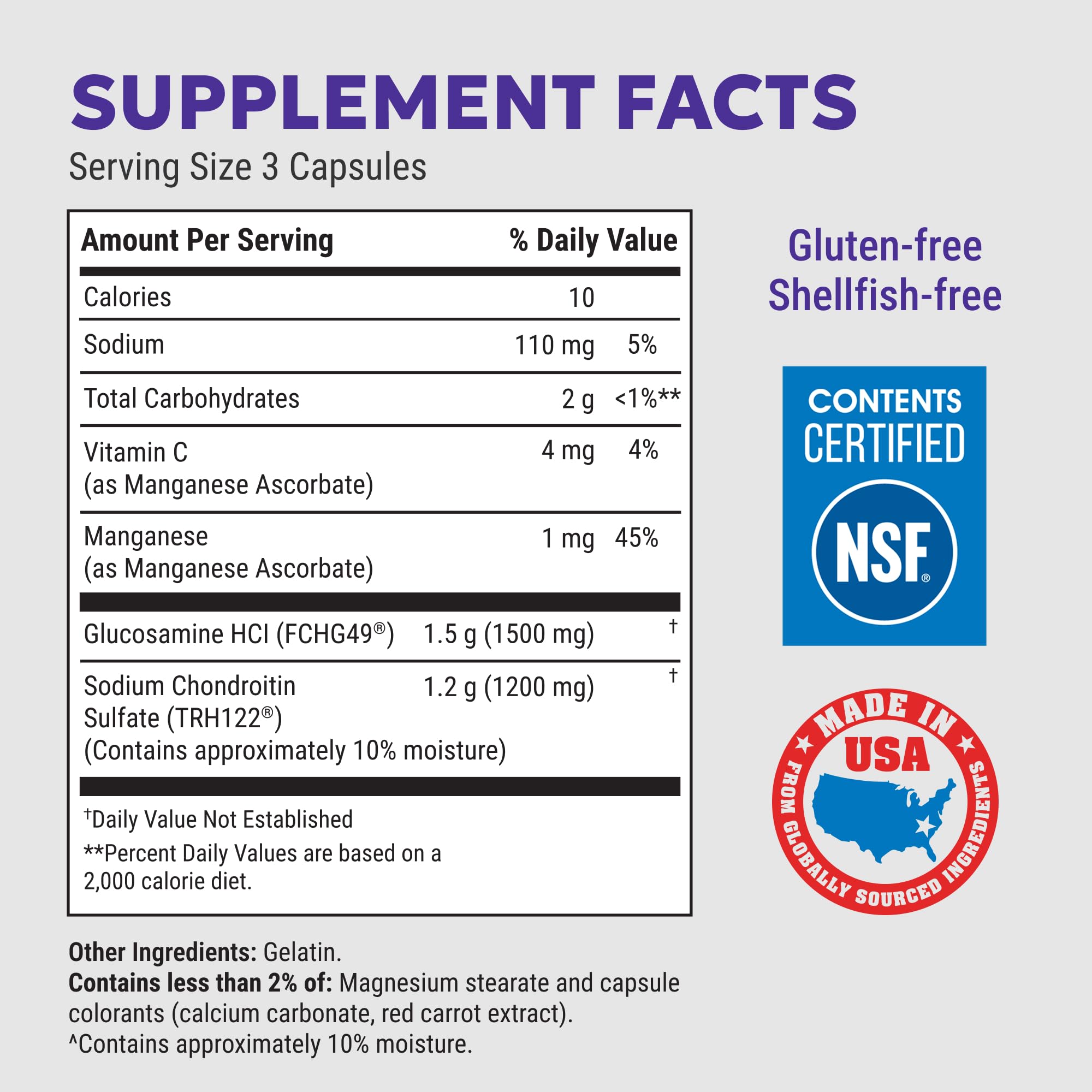 Nutramax Cosamin DS bottle label closeup emphasizing glucosamine and chondroitin ingredients.