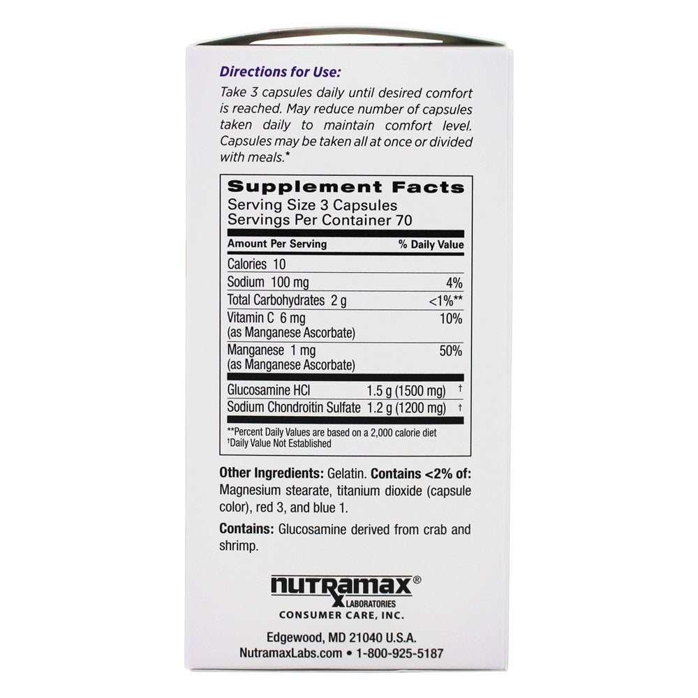 Nutramax Cosamin DS capsules closeup emphasizes glucosamine and chondroitin content.