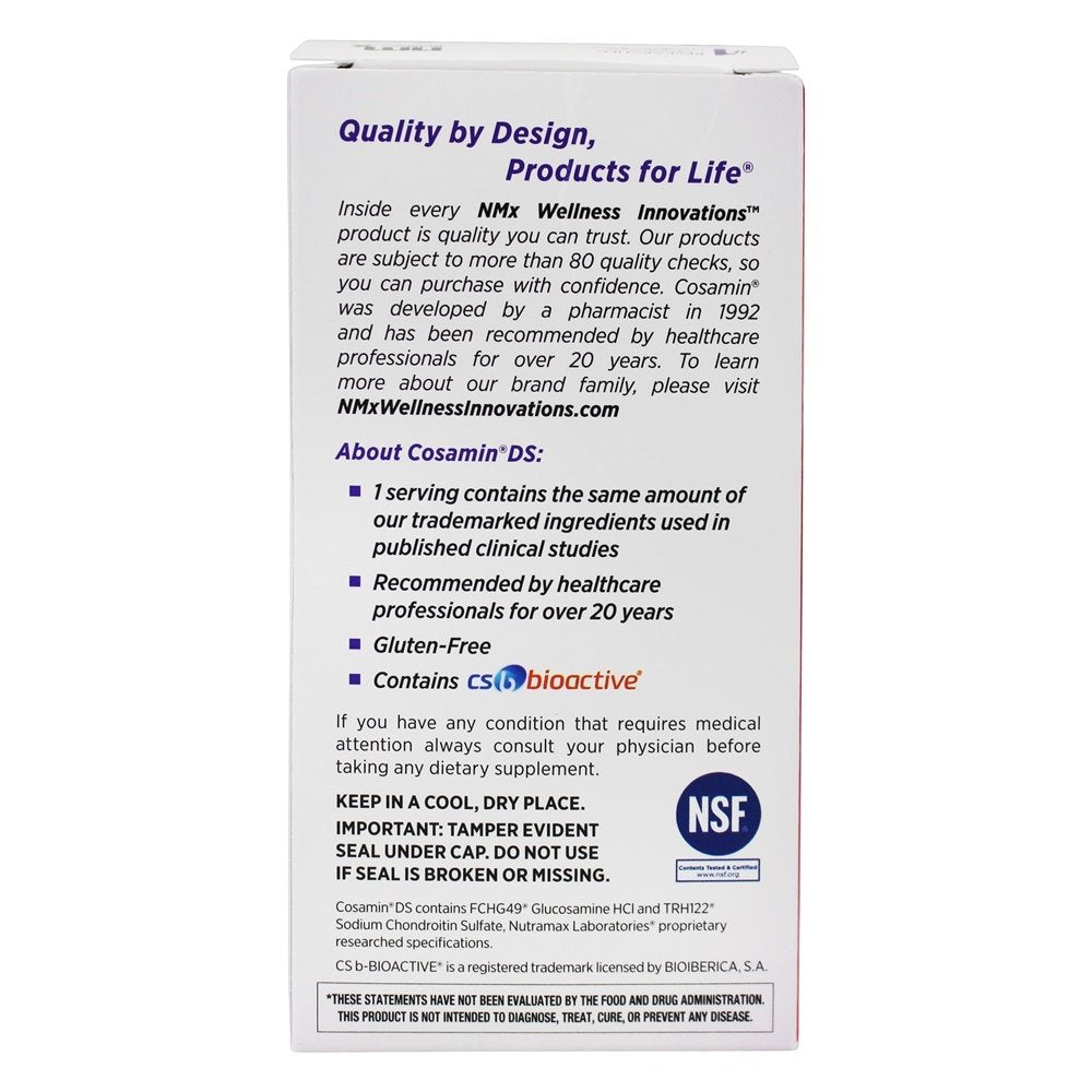 Nutramax Cosamin DS label view showcases clinically researched ingredients.