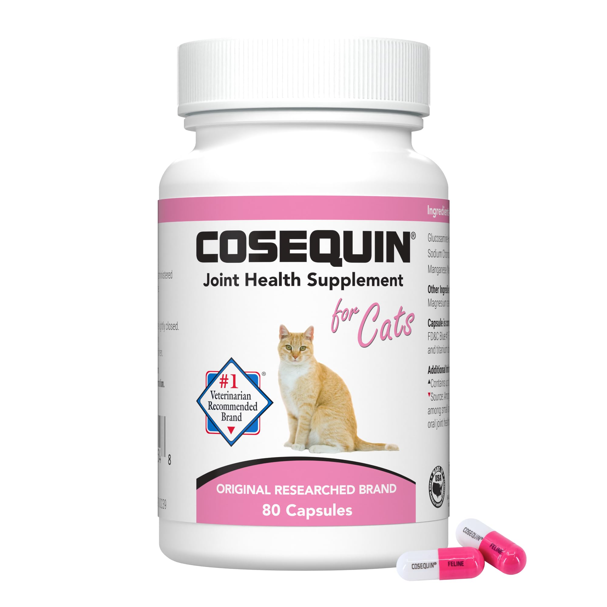 Nutramax Cosequin cat bottle front showing trusted joint health supplement for daily care.