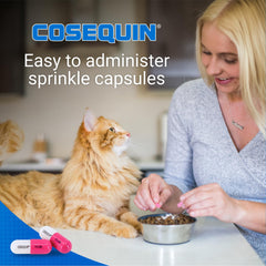 Nutramax Cosequin cat sprinkle on food blending with meals for convenience.