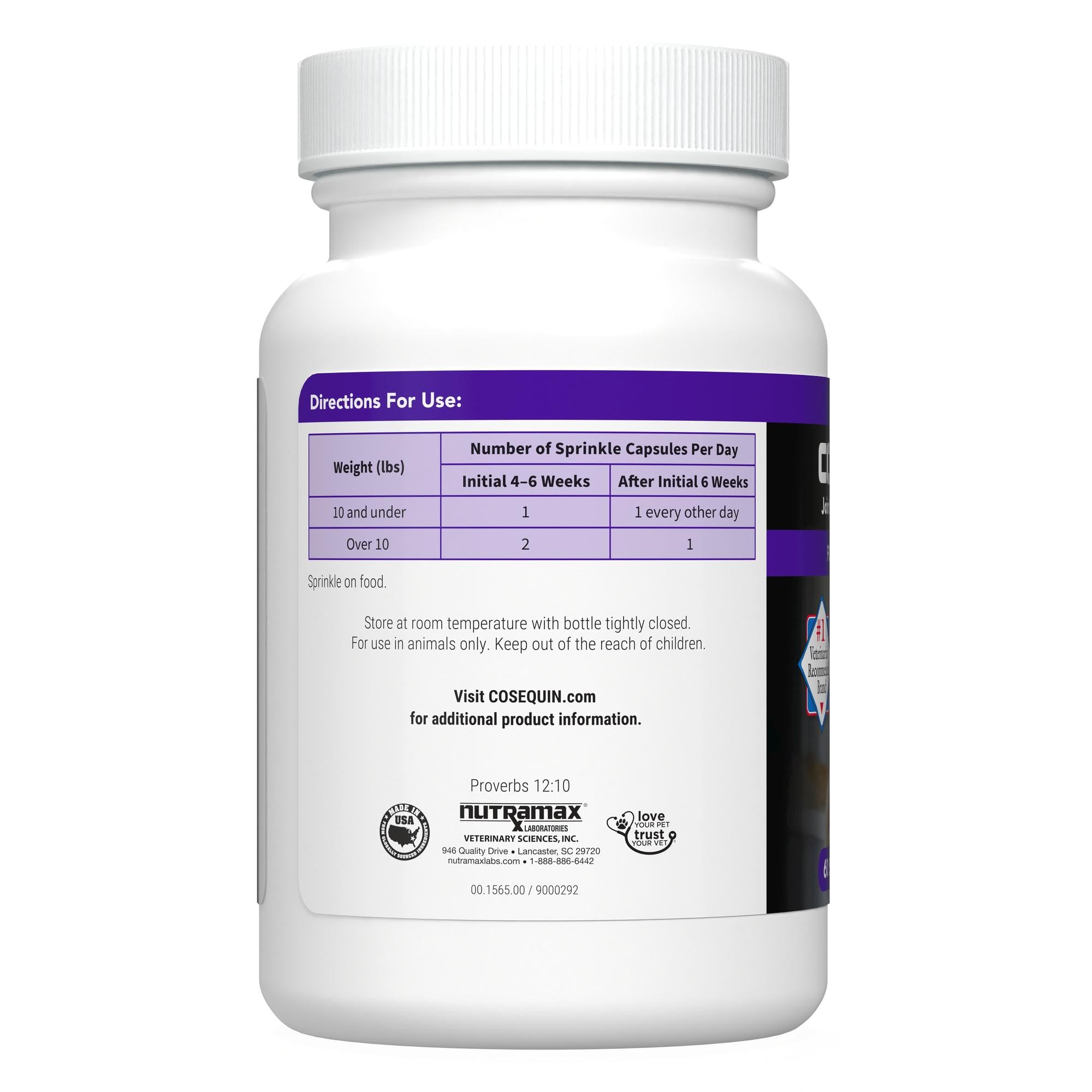 Nutramax Cosequin ingredients label featuring glucosamine and chondroitin.