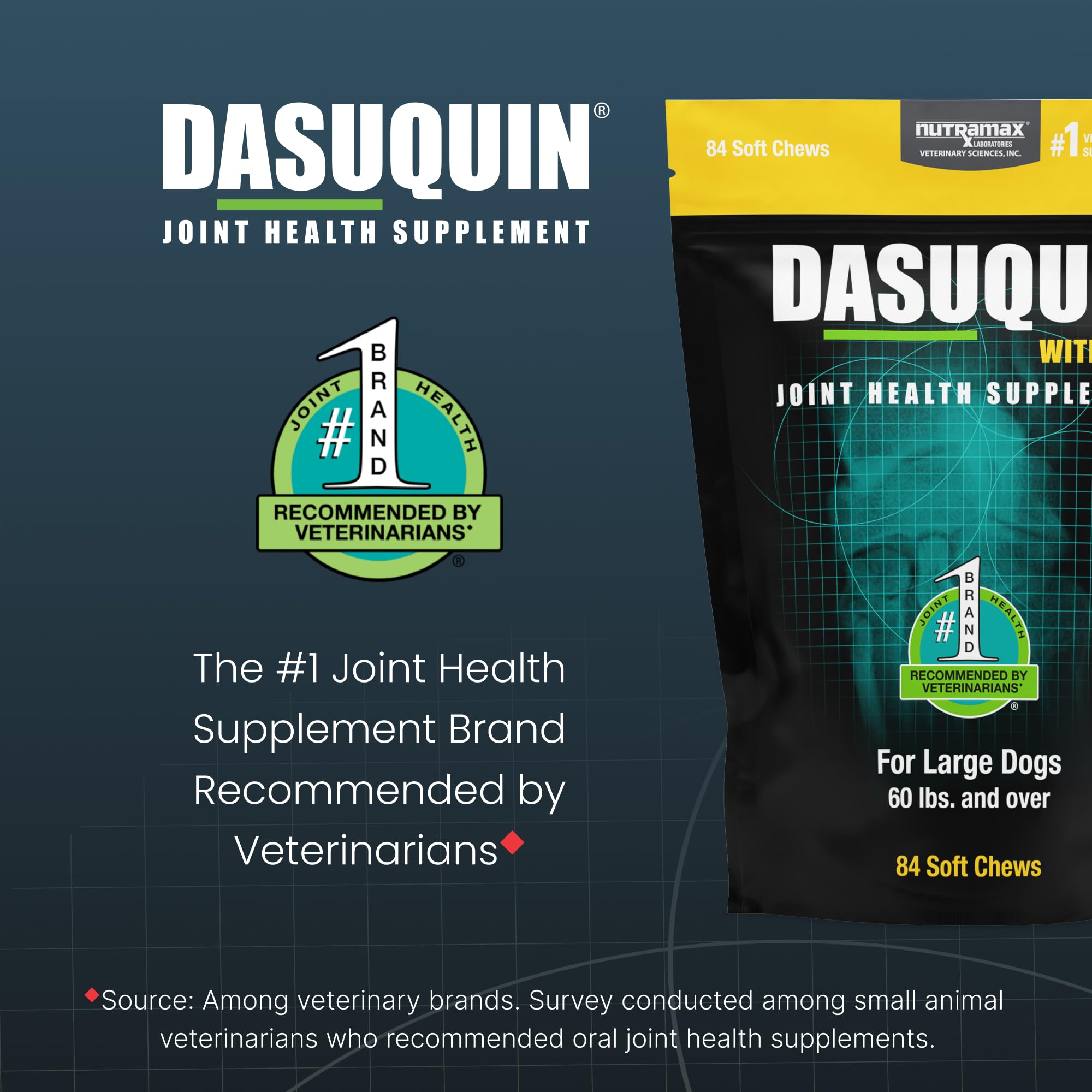 Nutramax Dasuquin soft chews closeup shows glucosamine and ASU for joint health