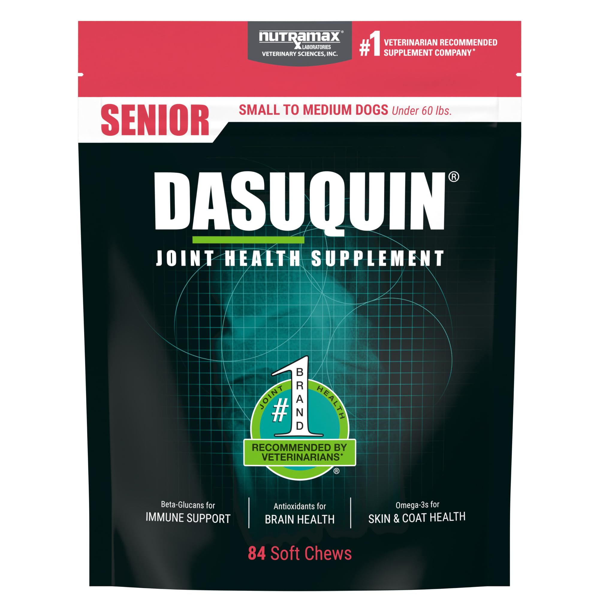 Nutramax Dasuquin soft chews packaging highlighting joint support for senior dogs.