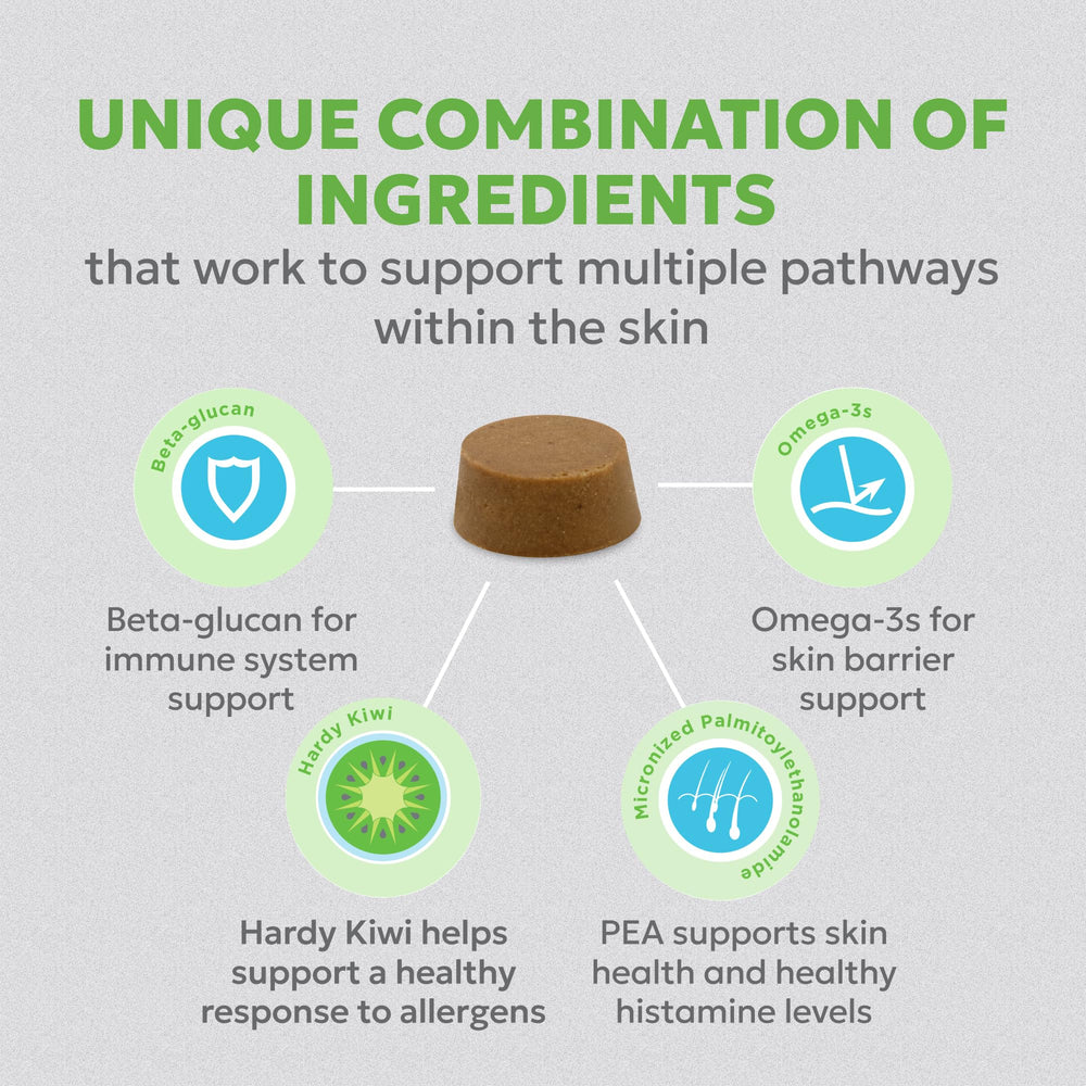 Nutramax Dermaquin omega-3 soft chews closeup highlights skin barrier benefits.