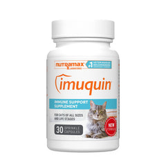 Nutramax Imuquin bottle label highlighting immune support for cats.