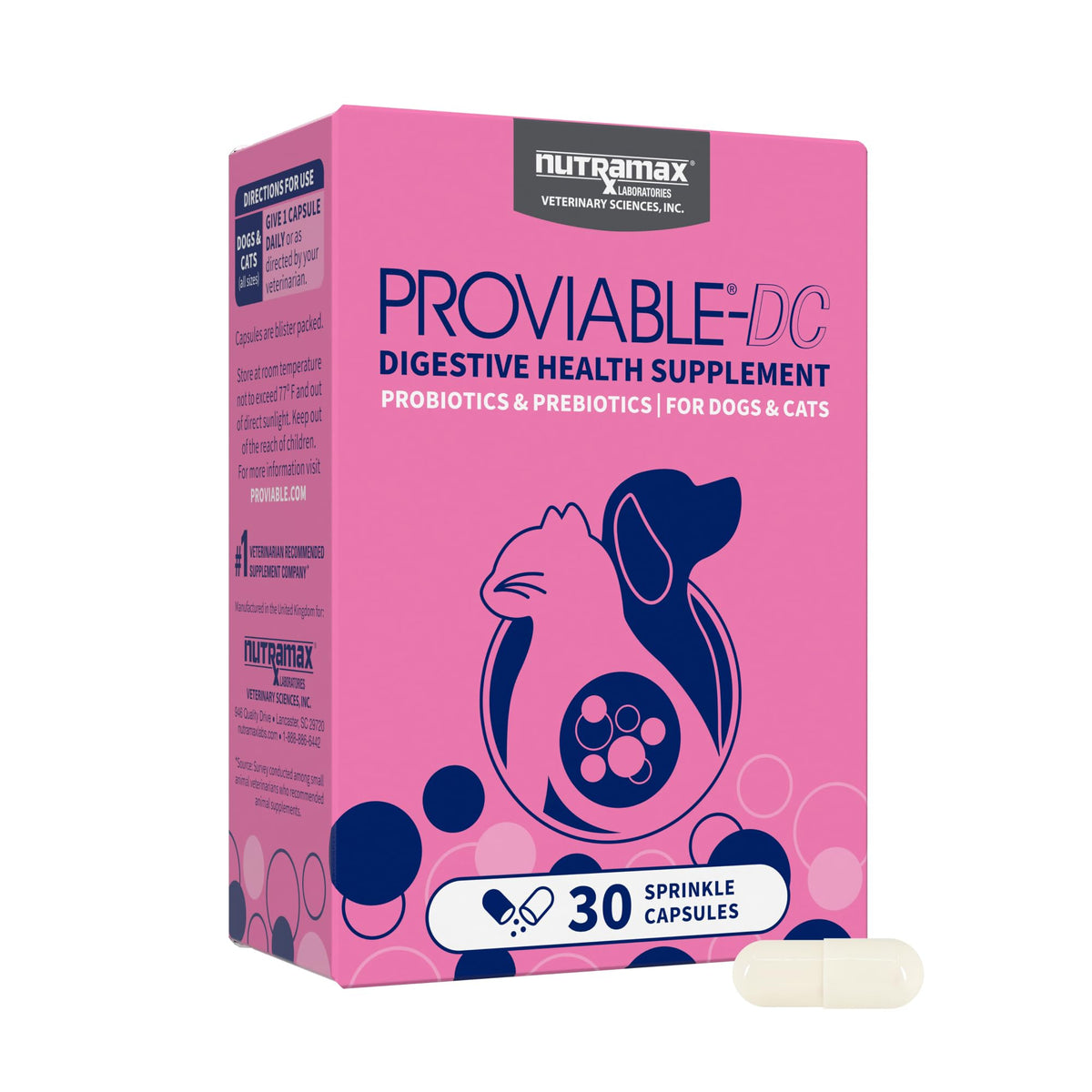 Nutramax Proviable bottle and capsules illustrate a probiotic for dog and cat digestive support