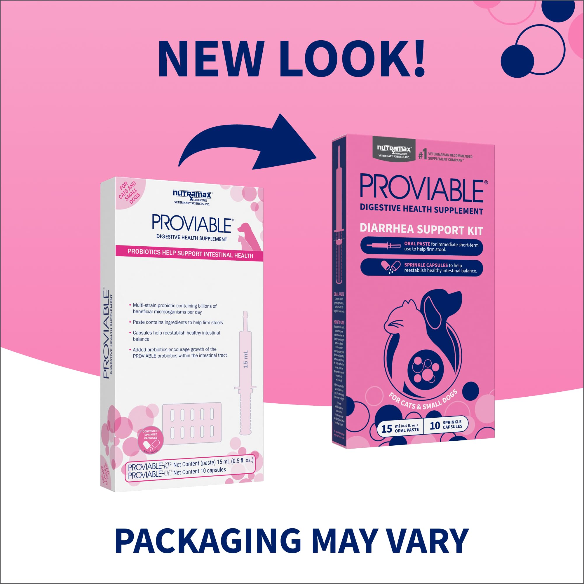 Nutramax Proviable capsules multi-strain formula sprinkled over food for easy administration.
