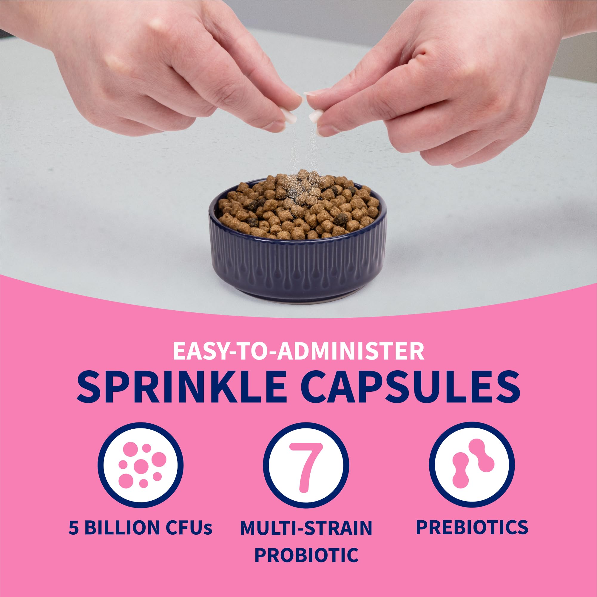 Cat-friendly Nutramax Proviable capsules sprinkled over meals.