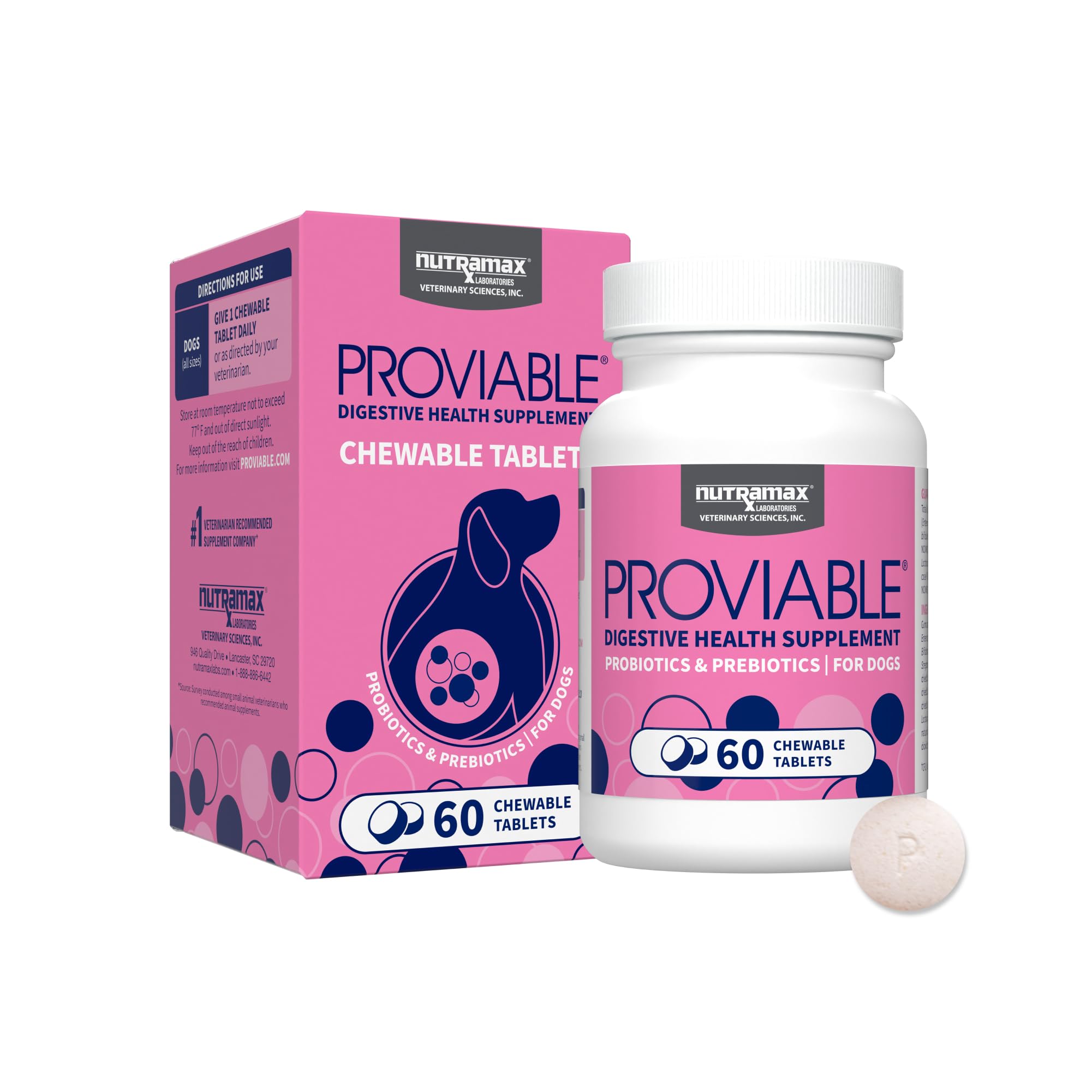 Nutramax Proviable chewable dog probiotic tablet for daily gut balance.