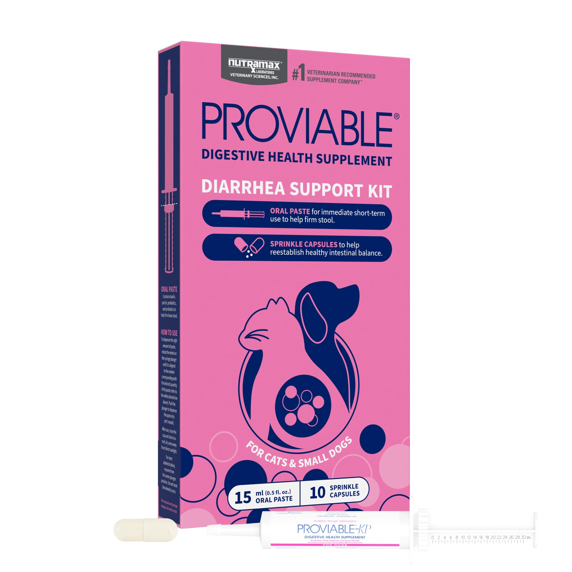 Nutramax Proviable paste 15ml syringe helps firm loose stools for small pets.