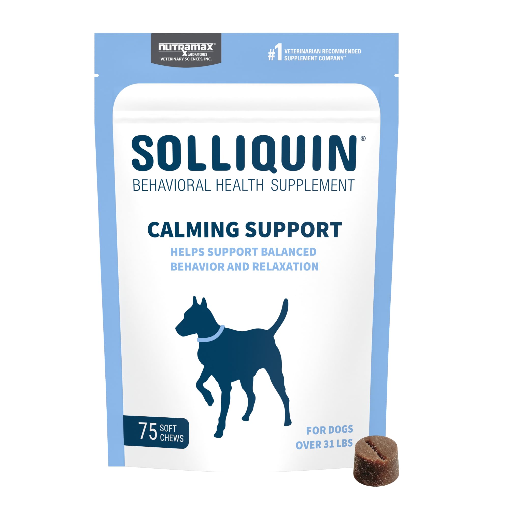Nutramax Solliquin calming soft chews in a jar support relaxed dog behavior
