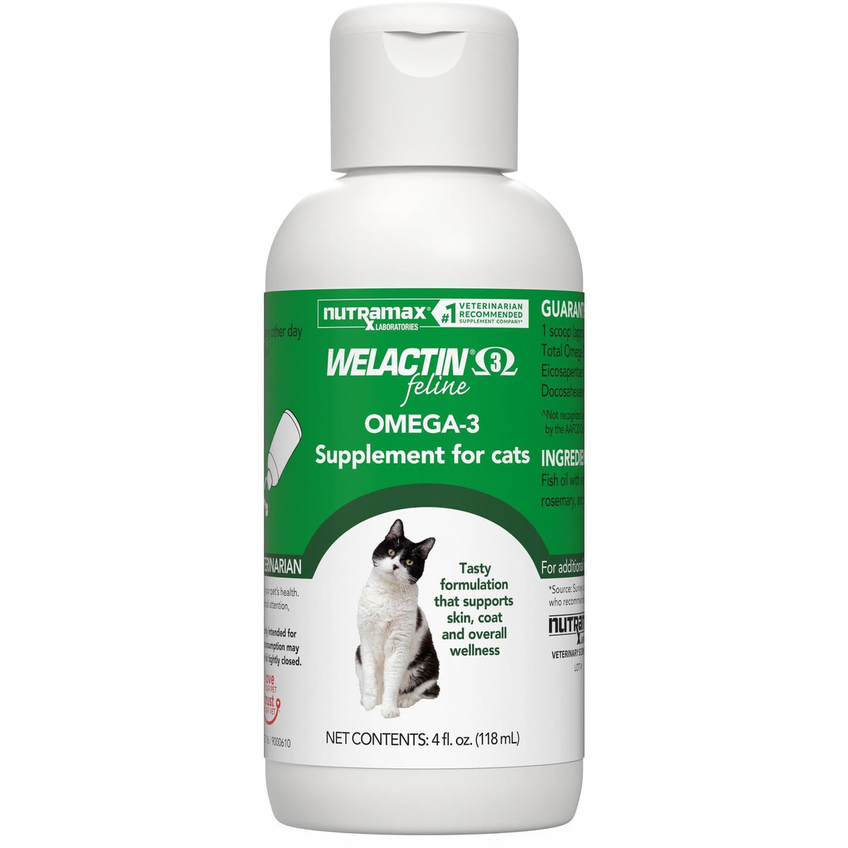 Nutramax Welactin omega-3 fish oil bottle pour enhances daily pet wellness