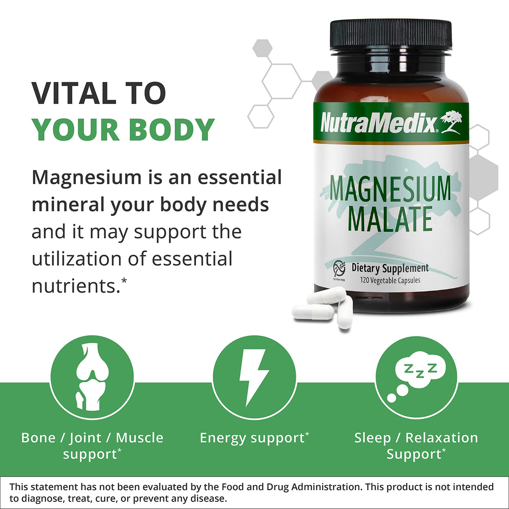 NutraMedix Magnesium Malate bottle with caps illustrating easy daily intake