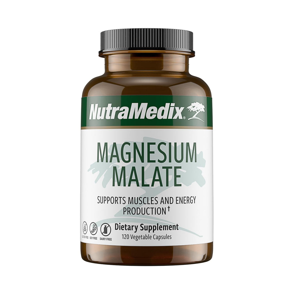NutraMedix Magnesium Malate bottle showing easy-to-swallow capsules for daily energy