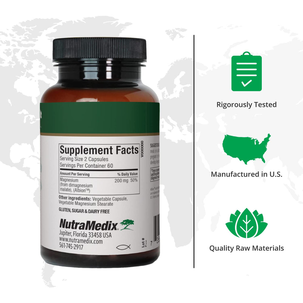 NutraMedix Magnesium Malate capsules closeup highlighting bioavailable magnesium for energy and sleep