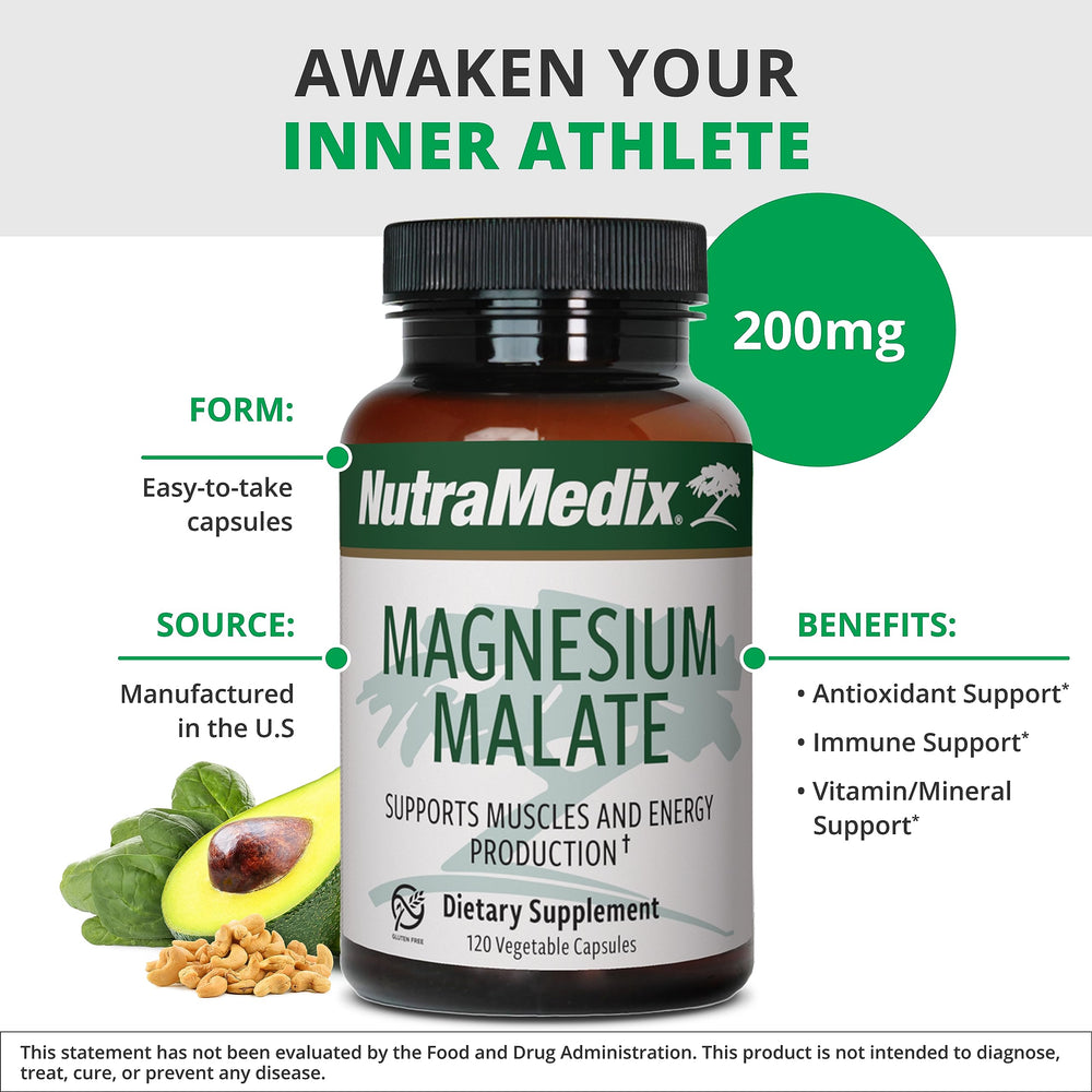 NutraMedix Magnesium Malate gluten-free icon on bottle emphasizing dairy-free formulation