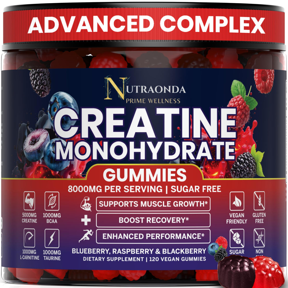 Nutraonda pre-workout gummies bottle front highlighting berry flavor for quick energy.